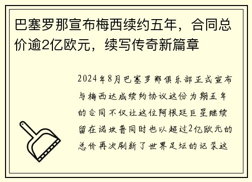 巴塞罗那宣布梅西续约五年，合同总价逾2亿欧元，续写传奇新篇章