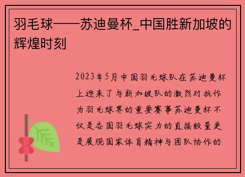 羽毛球——苏迪曼杯_中国胜新加坡的辉煌时刻